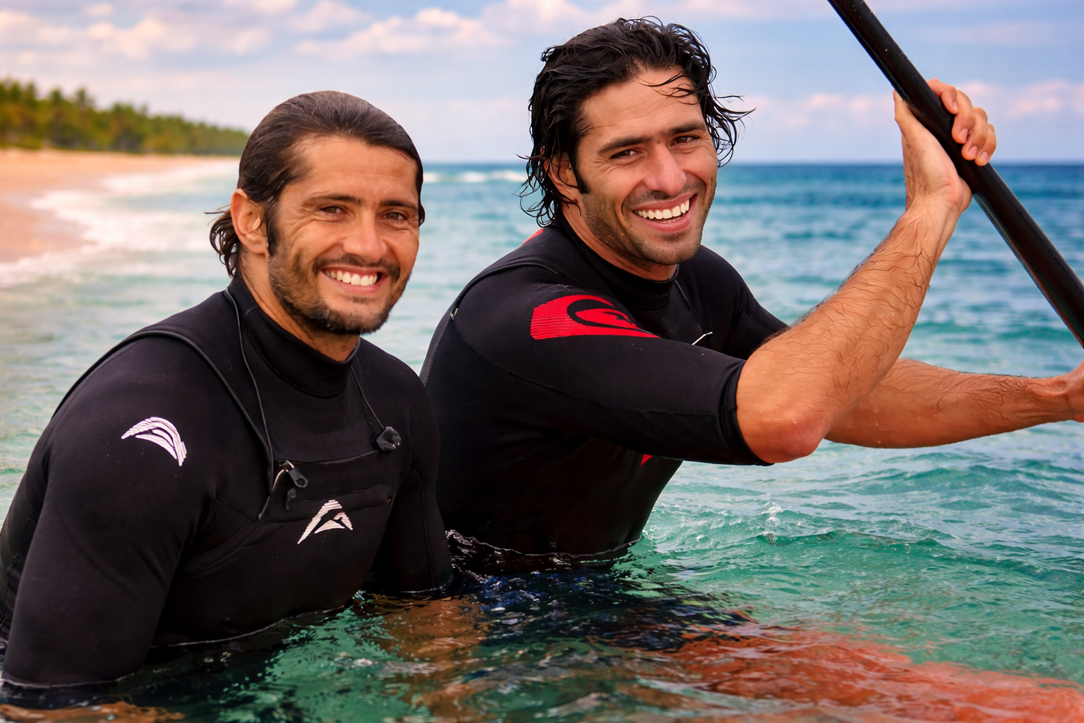 Peyo Lizarazu et son frère aîné Bixente Lizarazu en combinaison de surf dans l'eau au Pays basque