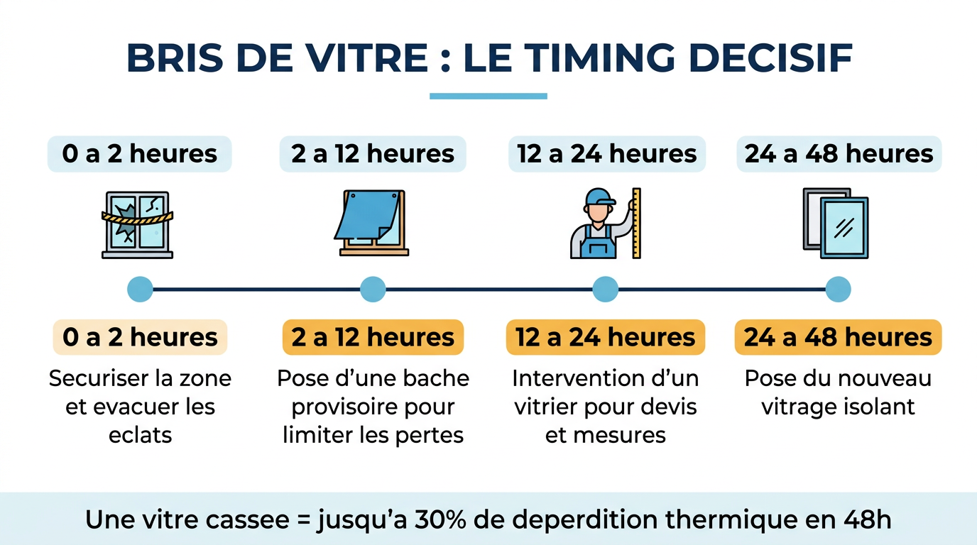 Infographie : les 4 étapes à suivre après un bris de vitre, du premier réflexe à la pose du nouveau vitrage