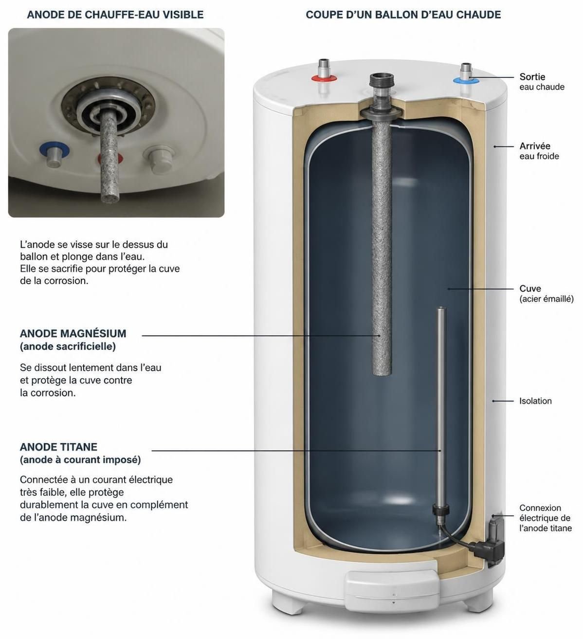 comment choisir l'anode idéale pour votre chauffe-eau : magnésium, titane ou hybride, leurs avantages et quelle option convient le mieux à vos besoins.